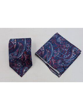 Manhattan Men's Tie & Pocket Square Set Blue Paisley Satin Necktie